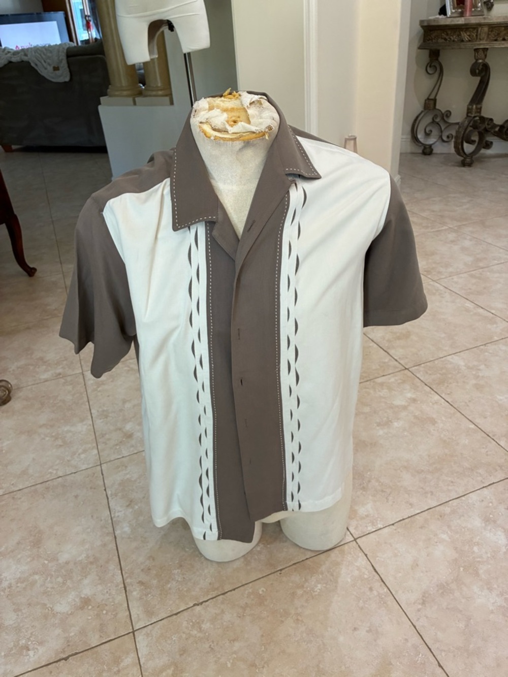 Caribbean Two-Tone Short-Sleeve Cuban Shirt in White and Taupe